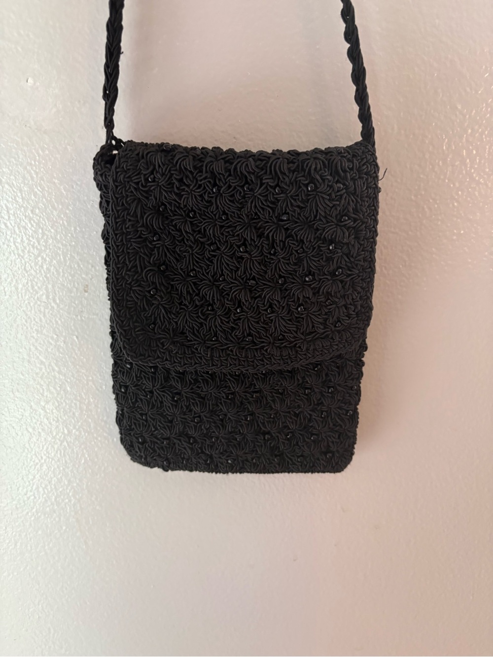 Black Handwoven Crossbody Bag - Women Bag With Black Pearl-like Embellishments.